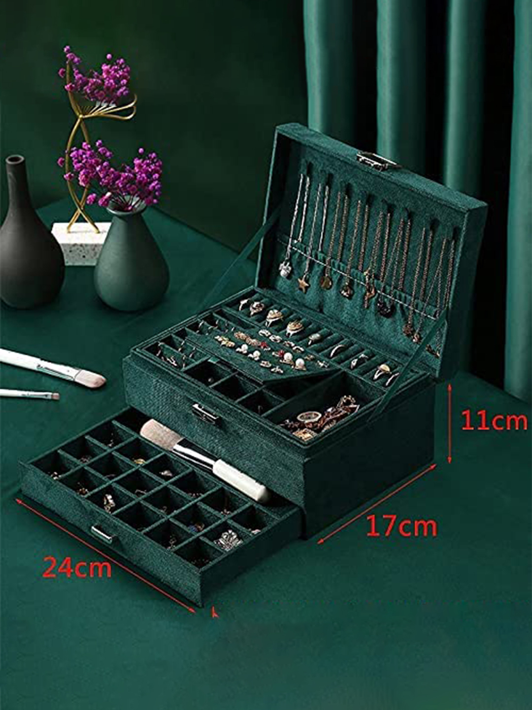 YouBella Jewellery Organiser PU Leather Zipper Portable Storage Box Case with Dividers Container for Rings, Earrings, Necklace Home Organizer, Green